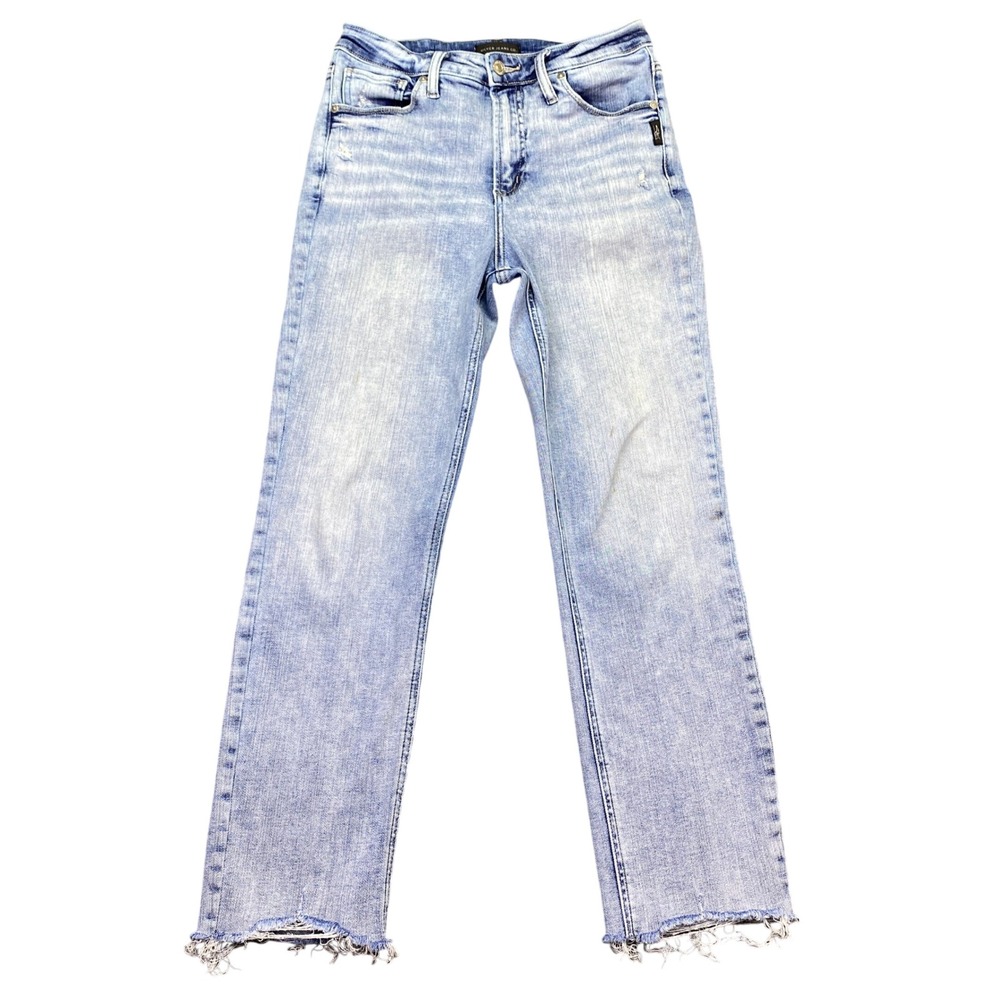 Silver Jeans Co High Note Straight Crop Jeans Light Wash Raw Hem Sz 28 Grunge